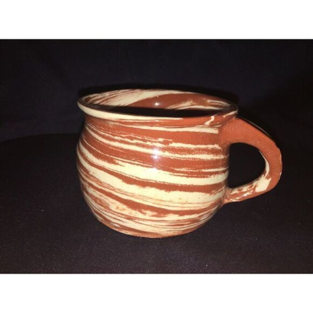 White Brown Swirl Stoneware Cup Signed By Jo
